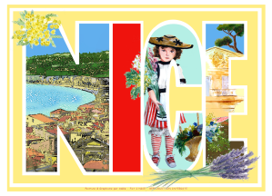 Set de table avec écrit Nice en grand sur fond jaune. A l'interieur des lettres apparait la baie des Anges, une petite marchande de fleurs et une façade niçoise. Format de 30 par 42 centimètre.