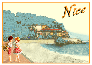 Un couple d'enfant sur le quai des Etats Unis à Nice dans des tons bleus et oranges. Il y a marqué Nice en haut à droite. Format 30 par 42 centimètre.